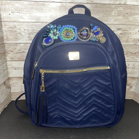 Womens Fancy MiniBackpack Navy Beaded Small Jeweled Purse Rare Crystals Stunning - Picture 1 of 10
